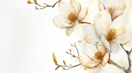Wall Mural - watercolor magnolia flowers with gold; white background, copy space