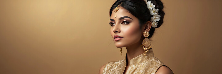 A young brunette Indian woman with a hairstyle of spring flowers in her hair on a solid background. Feminine beauty portrait, makeup, hairstyle, stylist, feminine energy