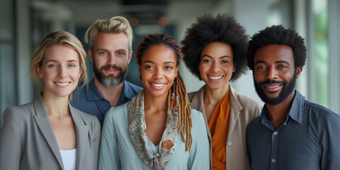 Wall Mural -  Portrait of successful group of business people at modern office looking at camera. Portrait of happy businessmen and satisfied businesswomen standing as a team. Multiethnic group of people smiling.