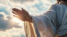 Jesus Christ In White Clothes Extends His Hand To You Against The Sky As A Symbol Of Christianity