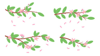 Wall Mural - Sakura blossom branches. Peach or apple tree blooming. Cartoon isolated tree branch with pink flowers and falling petals, vector floral clipart