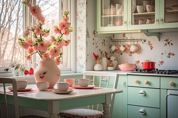 Spring interior of a modern kitchen with bouquets of flowers - spring time, spring mood