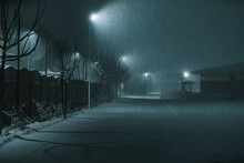 Night Street In Cold Winter Snowstorm