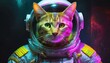 A cat dressed as an astronaut looking towards the camera, big eyes, with space themes objects and a dark background. Cute pet best friend. Space exploration animals. isolated portrait neon vibrant