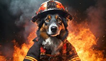 Portrait, Confident Looking Canine Hero Isolated In Firefighter Uniform And Helmet, Dark Fire Bokeh Background. Celebration Of Dogs In The Fire Serve And Rescue Teams. Fun Adorable Heroic Background