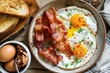 © PinkiePie - A high angle shot of a delicious breakfast spread featuring sunny-side-up eggs, crispy bacon, and toast Breakfast with fried eggs, bacon and toasts
