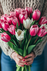 Poster - Women's day, Mother's day vase filled with pink and white tulips