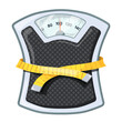 © ssstocker - Bathroom scale tape measure. Diet scales concept, mechanical weight measuring centimeter for reduce calories slim waist meter, overweight dieting control neat vector illustration