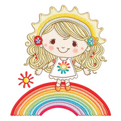 Poster - Stitching lines embroidery smiling happy cartoon little girl with blonde long hair, freckles on colorful rainbow. Isolated design. Beautiful funny dolly. Stitch textured funny embroidered cute girl.