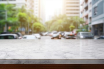 A marble countertop against a softly blurred kitchen environment invites you to use it as a canvas for product displays and design mockups. Created with generative AI tools