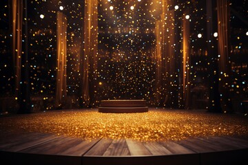 A celebratory and festive ambiance is unmistakable as a podium is spotlighted on a wooden stage, with golden particles adorning the black background. Created with generative AI tools