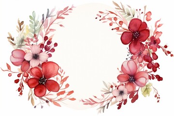 This watercolor floral frame features two identical wreaths made of multicolored flowers and leaves, creating a mirror image against a pristine white background. Created with generative AI tools