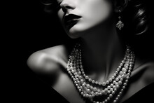 Black And White Portrait Of Woman With Pearls