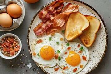 Wall Mural - A high angle shot of a delicious breakfast spread featuring sunny-side-up eggs, crispy bacon, and toast Breakfast with fried eggs, bacon and toasts