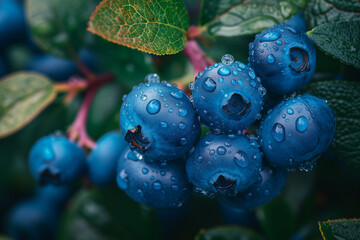 Wall Mural - Fresh organic blueberries on the bush, close up