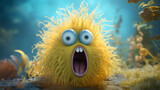 Electrified Yellow Cartoon Monster with Wide Eyes and Open Mouth in a Vibrant Underwater Scene