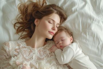 young mother sleeping with her baby in bed at home