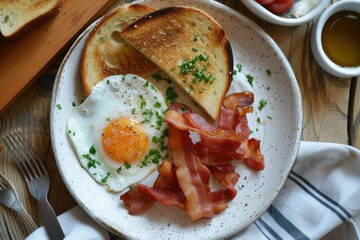 A high angle shot of a delicious breakfast spread featuring sunny-side-up eggs, crispy bacon, and toast Breakfast with fried eggs, bacon and toasts