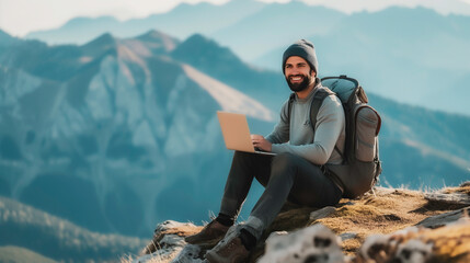 A man hikes and sitting on top of a mountain and working or workcation on laptop with enjoys a break look at the top of the mountain, adventure travel and work concept.
