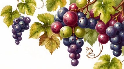 Sweet grapes, ripe berries hanging on weaving branches. Summertime or autumn harvest of plant. Winery production and agriculture, growing natural and organic meal on farms. Vector in flat style