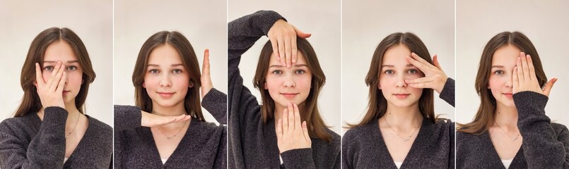 Wall Mural - Collage set of teen girl model posing posture with hands at white, looking at camera. Photos of lovely teenager cover lady 12-13 year old, studio shot. Fashion image style concept. Copy ad text space