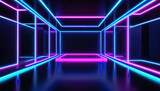 Fototapeta Do przedpokoju - Futuristic Abstract background - Blue, Pink and  Purple Neon Light Geometric Shapes On Black Background And Reflective Concrete With Empty Space. 3d rendering abstract background. 