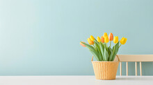 Bright Yellow Tulips In A Woven Basket On A White Table Against Pastel Background
