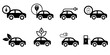 Electric cars icon set, sustainable development concept icons. Black colour