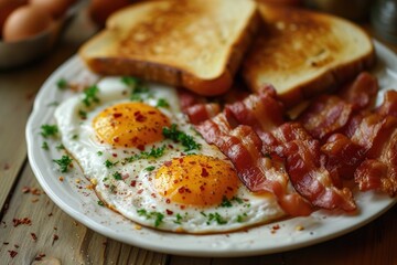 Wall Mural - A high angle shot of a delicious breakfast spread featuring sunny-side-up eggs, crispy bacon, and toast Breakfast with fried eggs, bacon and toasts