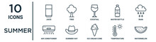 Summer Outline Icon Set Such As Thin Line Juice, Cocktail, Rain, Summer Hat, Temperature, Watermelon, Air Conditioner Icons For Report, Presentation, Diagram, Web Design