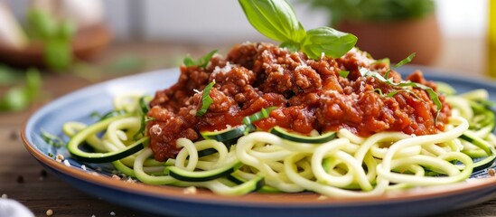 Wall Mural - Delicious Zucchini Spaghetti Beef Bolognese: A Mouthwatering Twist with Zucchini 'Pasta,' Savory Beef, and Rich Bolognese Sauce