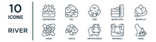 River Outline Icon Set Such As Thin Line Evaporation, Tree, Water Lily, Turtle, Waterfall, Creek, Canoe Icons For Report, Presentation, Diagram, Web Design