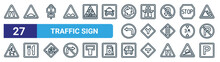 Set Of 27 Outline Web Traffic Sign Icons Such As Narrow Road, Hump, Street, Highway, Y Intersection, Restaurant, Bus Station, Parking Vector Thin Line Icons For Web Design, Mobile App.