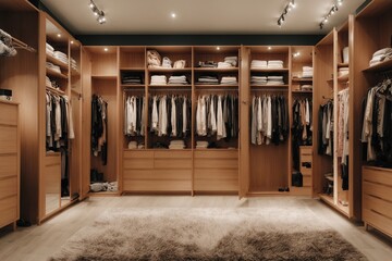 Wall Mural - There are shelves, rods, and drawers in this contemporary, minimalist men's wardrobe. Accessory storage and organization space in the dressing room. luxury walk-in closet interior design