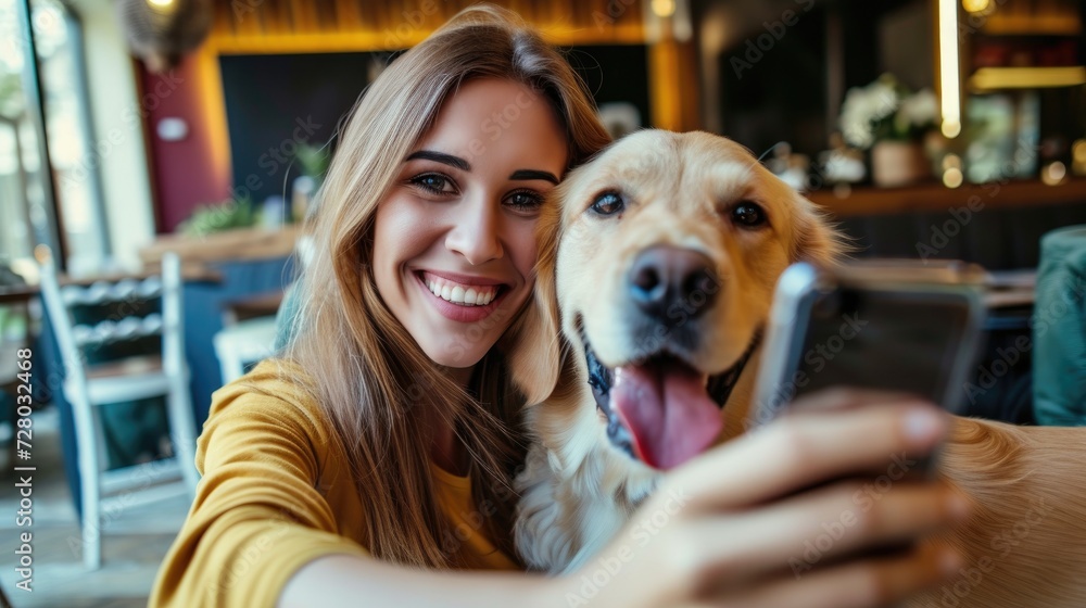 Happy female owner with her dog in a cafe, is holding and hugging her ...