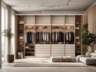 Wall Mural - There are shelves, rods, and drawers in this contemporary, minimalist men's wardrobe. Accessory storage and organization space in the dressing room. luxury walk-in closet interior design