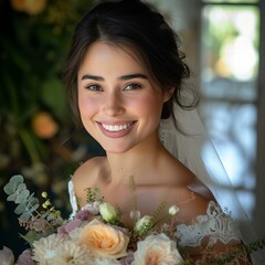 Wall Mural - portrait of a smiling bride with flowers