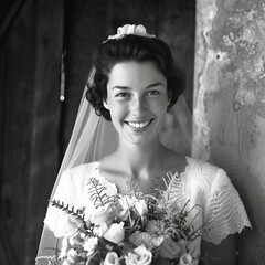 Wall Mural - black and white portrait of a smiling bride with bouquet, vintage style