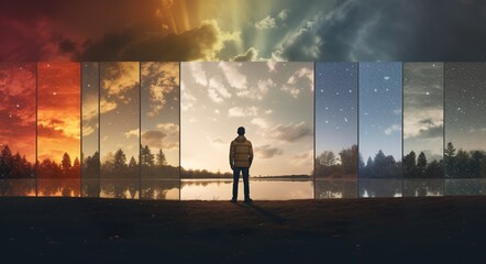 time and weather change concept, day and night and season changing collage, human and nature