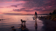 Person Walking With Dog At Beach At Sunset, Woman Play With Pet At Nature, Silhouette Of Female And Animal Playing