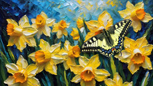 Swallowtail Butterfly On Bright Colorful Daffodils In The Garden Painted In Oil	