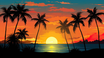 Wall Mural - sunset at exotic tropical beach with palm trees and sea, colorful illustration in style of purple and orange nature