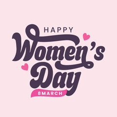 Canvas Print - Happy women's day vector handwritten lettering illustration with women icon. Greeting card for the International Women's Day. Poster, banner, flyer, template for 8 March. Pink background.
