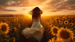 back image of woman walking trough golden sunflower filed at sunset 