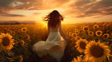 Back Image Of Woman Walking Trough Golden Sunflower Filed At Sunset 