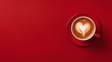 Close Up Of Red Cup Of Cappuccino Coffee On Neat Red Background From Above - Foam Forming A Heart