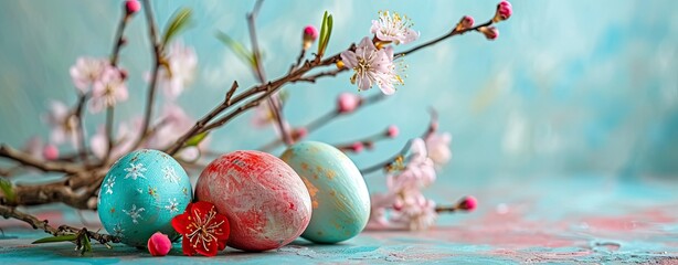 Wall Mural - Easter eggs painted in pastel colors with spring flowers on a blue background