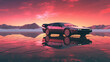 A sci-fi retro car on a sunset background