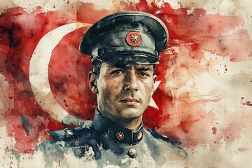 Poster - Turkey soldier close up Illustration. History of Turkish soldier . Soldier of Turkey watercolor colors Illustration