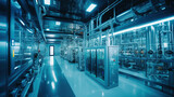 Fototapeta  - Large brightly lit hall with modern industrial equipment and metal pipes. Interior of a production factory using advanced technology.